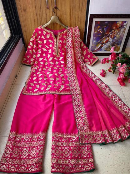Mind-blowing Rani Pink Color Zari Embroidered Work Fancy Georgette Sharara Suit For Women