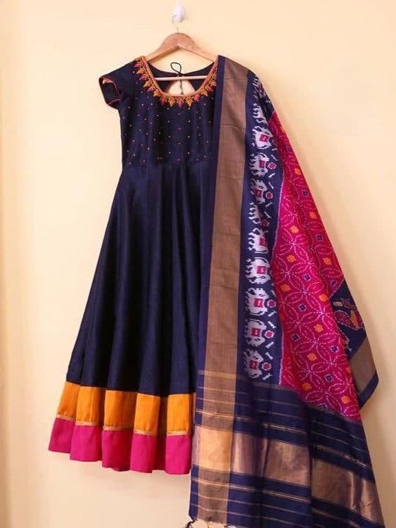 Winsome Navy Blue Color Full Stitched Dory Fumka Silk Embroidered Work Gown Dupatta