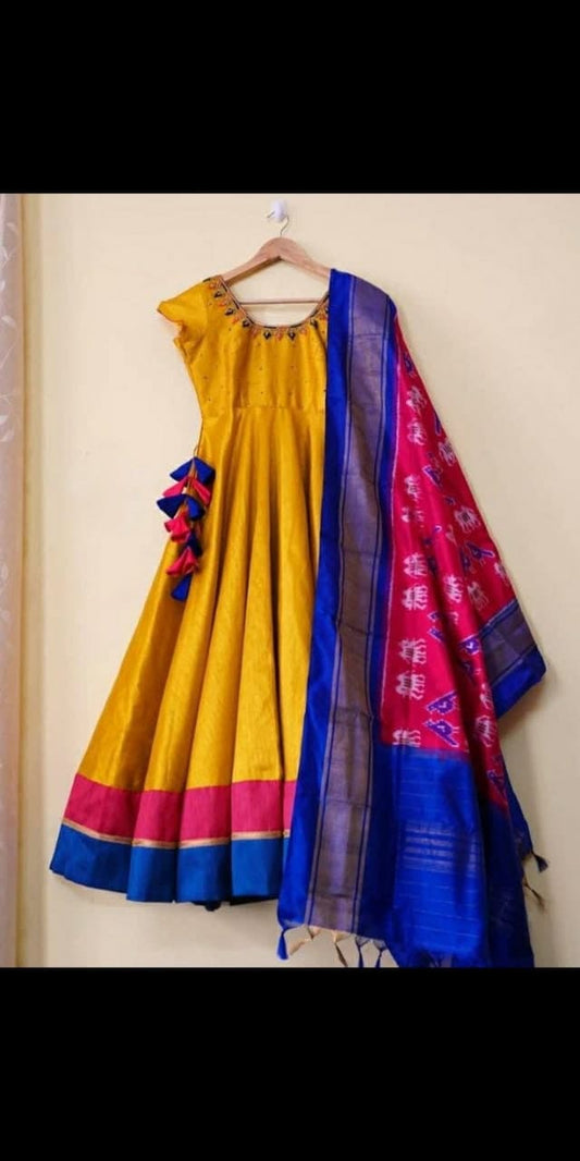 Blooming Yellow Color Occasion Wear Silk Doya Fumka Embroidered Work Ready Made Dupatta Gown