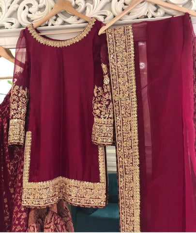 Intricate Maroon Color Designer Georgette Chine Sequence Embroidered Work Salwar Suit
