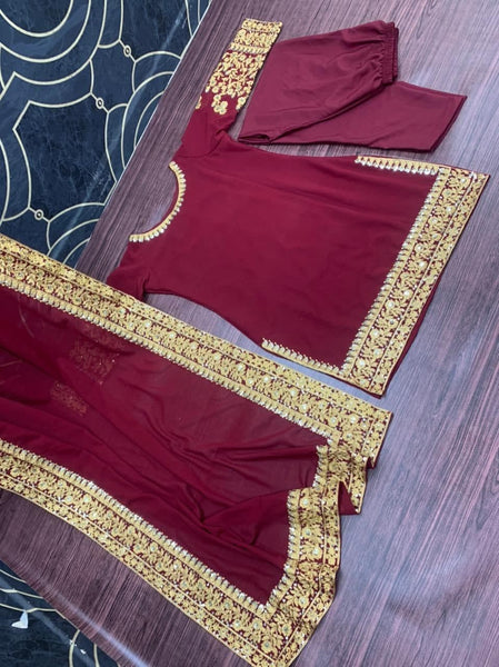 Intricate Maroon Color Designer Georgette Chine Sequence Embroidered Work Salwar Suit