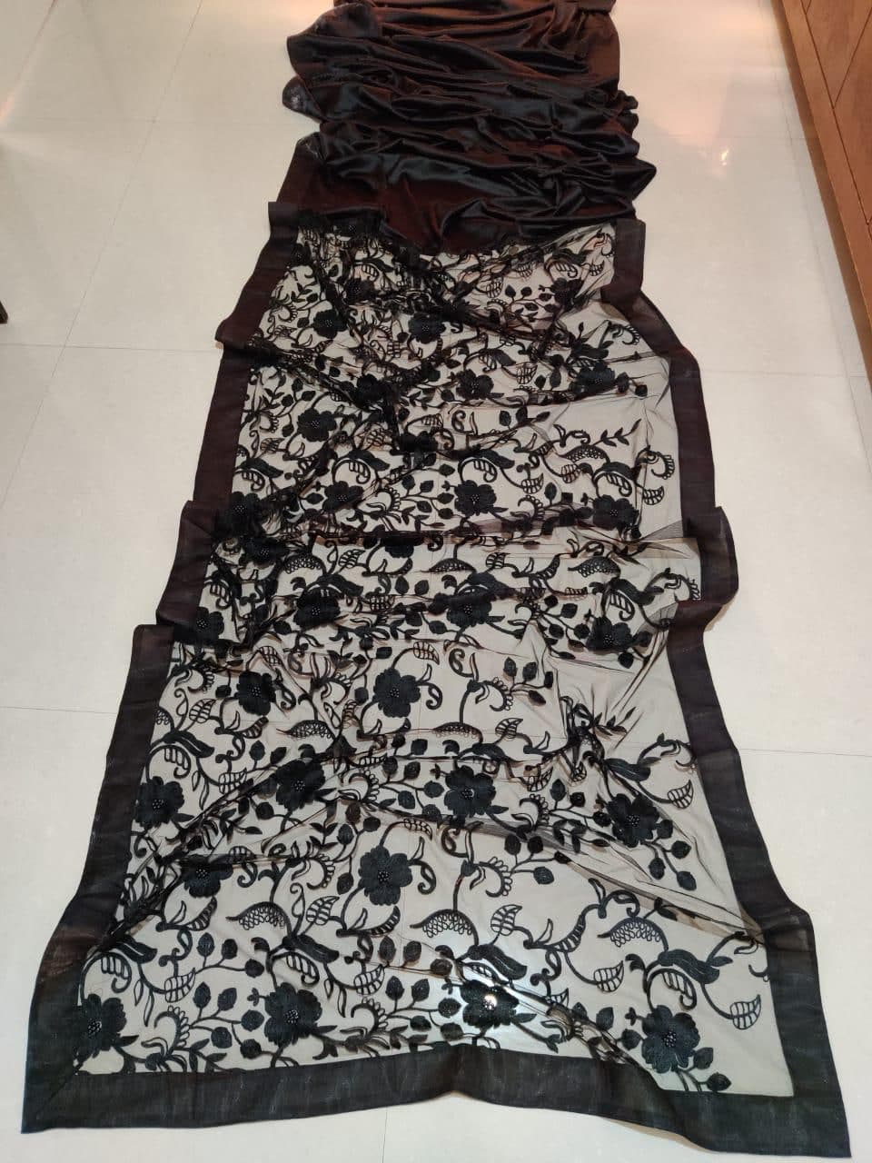 Sizzling Black Color Japan Satin Net Moti Revat Chine Stitched Work Saree Blouse For Function Wear