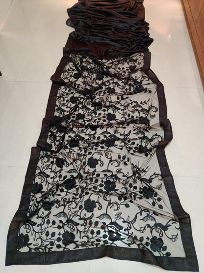 Sizzling Black Color Japan Satin Net Moti Revat Chine Stitched Work Saree Blouse For Function Wear