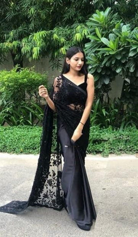 Sizzling Black Color Japan Satin Net Moti Revat Chine Stitched Work Saree Blouse For Function Wear