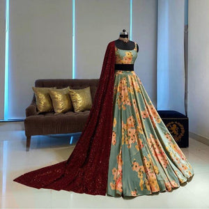 Radiant Turkish Blue Color Soft Silk Designer Digital Printed Lehenga Choli For Wedding Wear