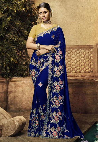 Engrossing Blue Color Occasion Wear Georgette Embroidered Fancy Work Saree Blouse