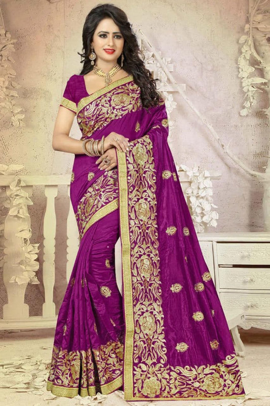 Adorable Wine Color Wedding Wear Vichitra Silk Embroidered Work Lace Saree Blouse