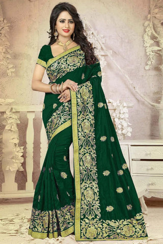 Admiring Green Color Embroidered Work Vichitra Silk Saree Blouse For Party Wear
