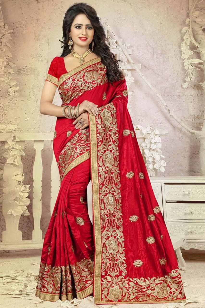 Trendy Red Color Silk Vichitra Design Lace Embroidered Work Saree Blouse