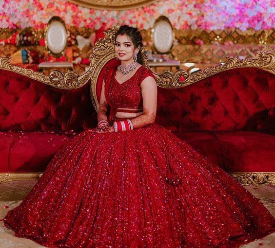 Latest Red Color Designer Georgette Chain Sequence Work Lehenga For Wedding Wear