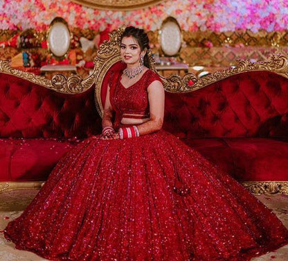 Latest Red Color Designer Georgette Chain Sequence Work Lehenga For Wedding Wear