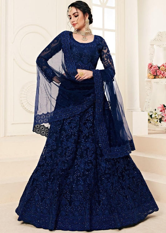 Elegant Navy Blue Color Wedding Wear Net Stone Diamond Embroidered Work Lehenga Choli