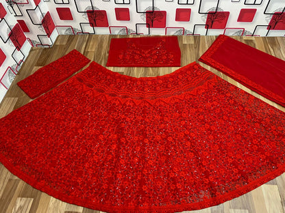 Latest Red Color Designer Georgette Chain Sequence Work Lehenga For Wedding Wear
