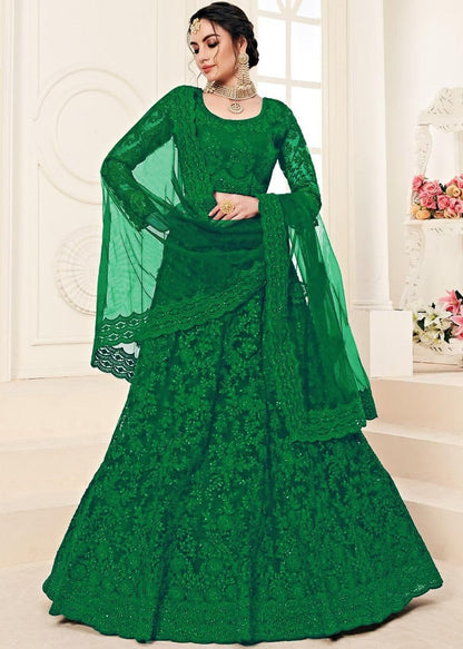 Party Wear Green Color Soft Net Stone Diamond Embroidered Work Lehenga Choli