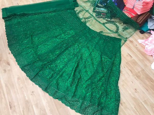 Party Wear Green Color Soft Net Stone Diamond Embroidered Work Lehenga Choli