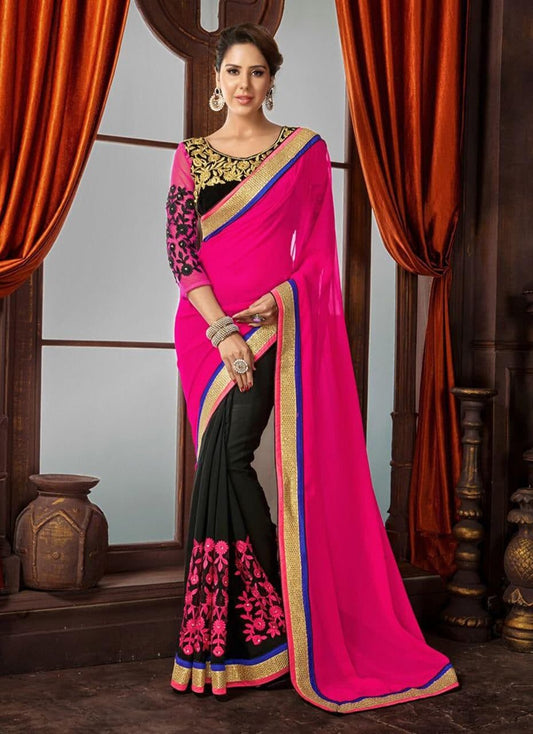 Adorable Rani Pink Color Embroidered Work Georgette Saree Blouse For Women