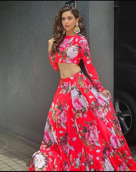 Captivation Red Color Wedding Wear Digital Printed Fancy Georgette Lehenga Choli