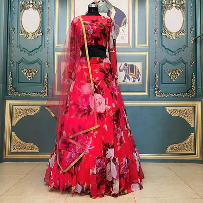 Captivation Red Color Wedding Wear Digital Printed Fancy Georgette Lehenga Choli