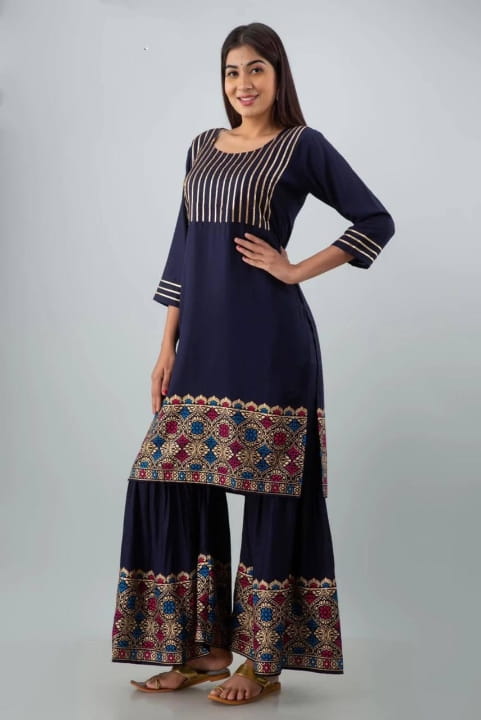 Adorable Navy Blue Color Ready Made Golden Printed Gotta Patti Work Plazo Sharara