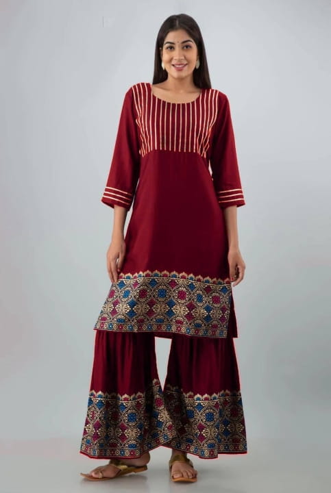 Wonderful Maroon Color Full Stitched Rayon Designer Gotta Patti Golden Printed Plazo Kurti