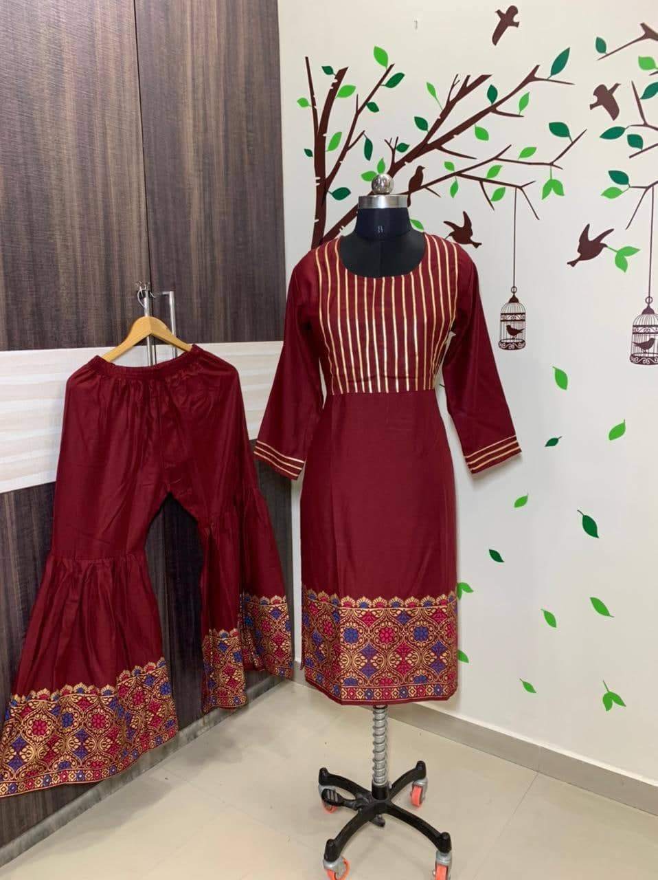 Wonderful Maroon Color Full Stitched Rayon Designer Gotta Patti Golden Printed Plazo Kurti