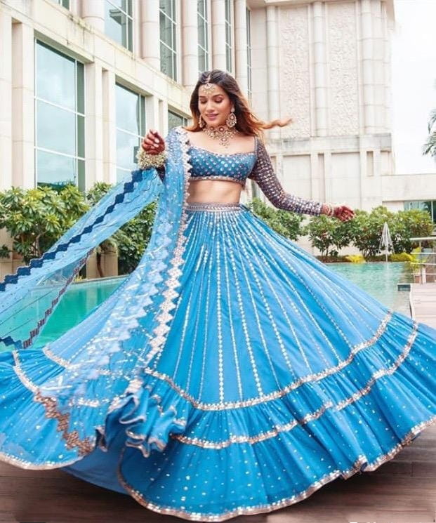 Wonderful Sky Blue Color Designer Georgette Sequence Work Wedding Wear Lehenga Choli