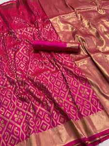 Striking Rani Pink Color Zari Weaving Brocade All Over Work Art Silk Saree Blouse