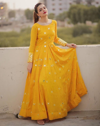 Party Yellow Color Festive Wear Full Stitched Stylish Georgette Zari Embroidered Work Gown