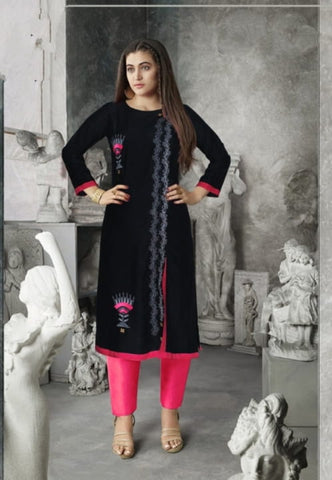 Shattering Black Color Ready Made Cotton Embroidered Work Kurti For Women