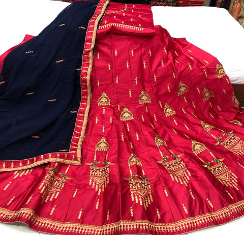 Appealing Red Color Occasion Wear Satin Thread Work Designer Lehenga Choli