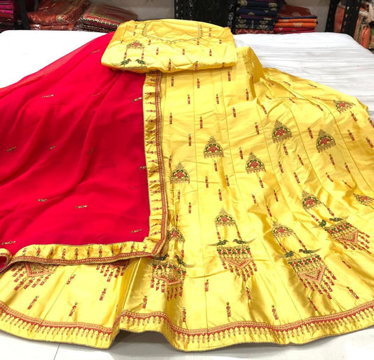 Blooming Yellow Color Party Wear Satin Fancy Thread Work Lehenga Choli For Women