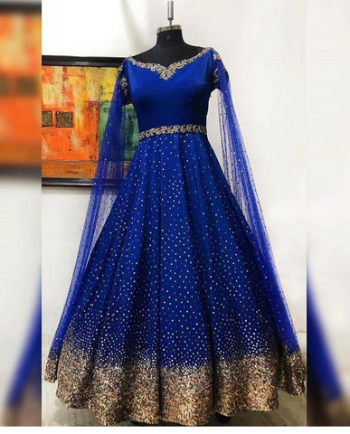 Appealing Royal Blue Color Designer Tapetta Silk Sequence Work Anarkali Salwar Suit For Wedding Wear