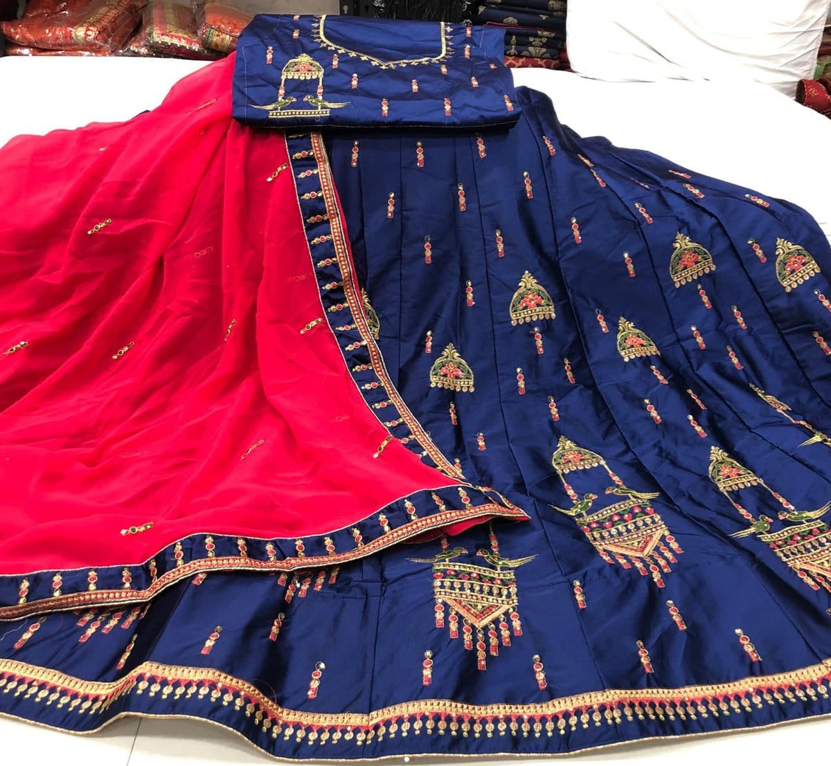 Dazzling Navy Blue Color Thread Work Satin Festive Wear Lehenga Choli