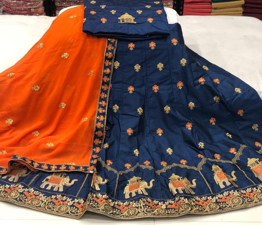 Admiring Blue Color Thread Work Satin Lehenga Choli For Function Wear