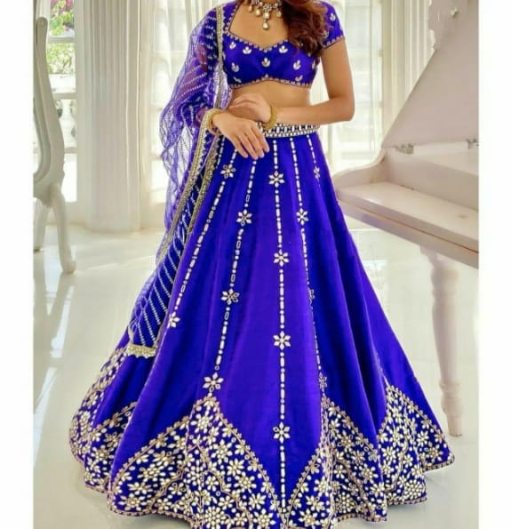 Graceful Royal Blue Color Function Wear Banglori Silk Mirror Designer Embroidered Work Lehenga