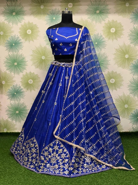 Graceful Royal Blue Color Function Wear Banglori Silk Mirror Designer Embroidered Work Lehenga