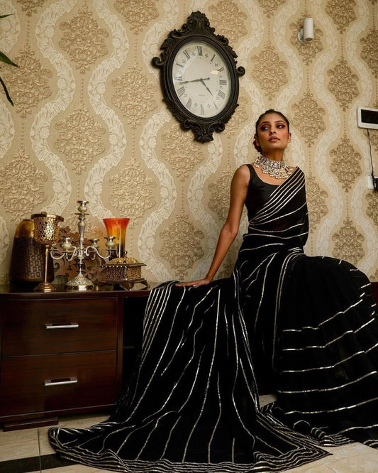 Tremendously Black Color Party Wear Gotta Patti Silver Work Designer Georgette Designer Saree Blouse for women