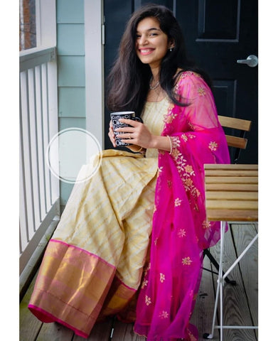 Dismaying Cream Color Banarasi Silk Weaving Zari Work Wedding Wear Gown Dupatta