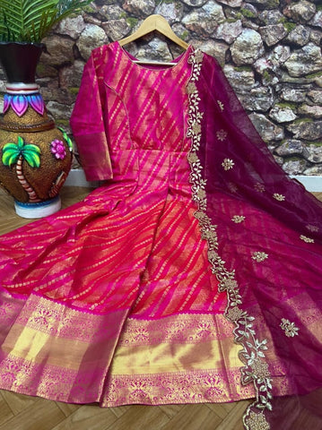 Wonderful Rani Pink Color Party Wear Weaving Zari Design Silk Banarasi Dupatta Gown