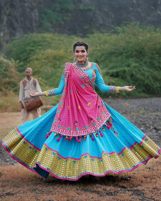 Classy Sky Blue Color Fancy Real Mirror Work Digital Printed Soft Butter Silk Function Wear Lehenga Choli