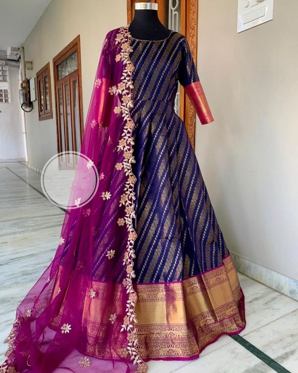 Admiring Blue Color Banarasi Silk Design Zari Weaving Work Gown Dupatta For Women