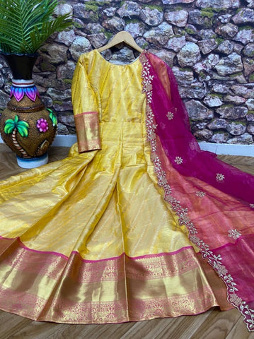 Trendy Yellow Color Party Wear Weaving Zari Work Gown Dupatta For Ladies