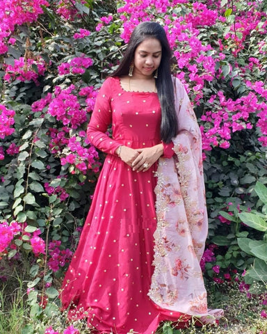 Unique Rani Pink Color Wedding Wear Sana Silk Design Embroidered Zari Work Ready Made Gown Dupatta