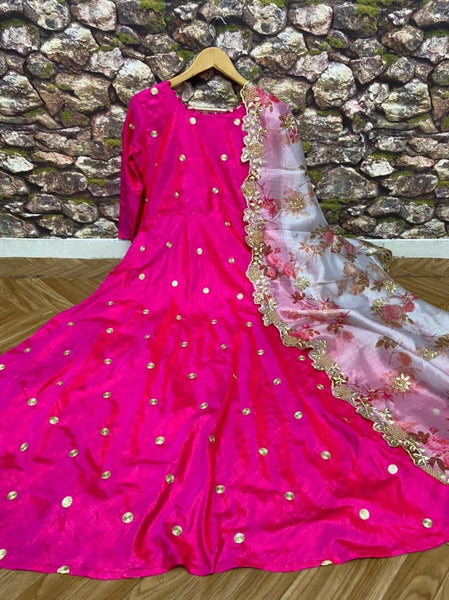 Unique Rani Pink Color Wedding Wear Sana Silk Design Embroidered Zari Work Ready Made Gown Dupatta