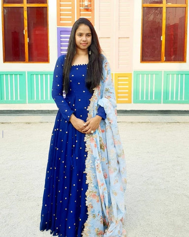 Stylish Royal Blue Color Full Stitched Designer Sana Silk Zari Embroidered Work Dupatta Gown