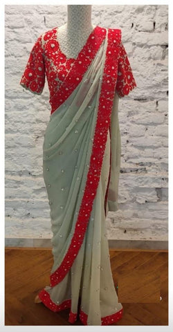 Exceptional Sea Green Color Party Wear Georgette Chain Stitch Sequence Work All Over Designer Saree Blouse