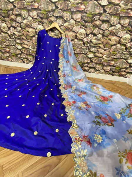 Stylish Royal Blue Color Full Stitched Designer Sana Silk Zari Embroidered Work Dupatta Gown