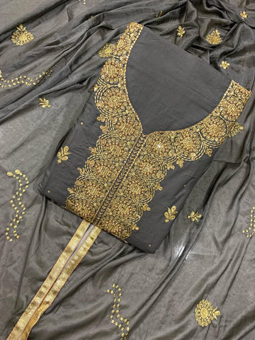 Attractive Grey Color Embroidered Pearl Diamond Cotton Fancy Salwar Suit