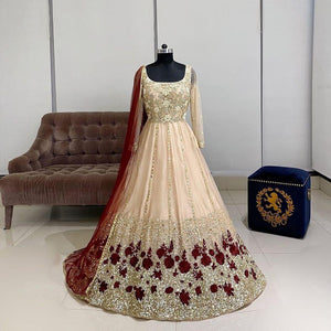 Festive Cream Color Designer Georgette Multi Sequence Work Anarkali Salwar Suit For Wedding Wear