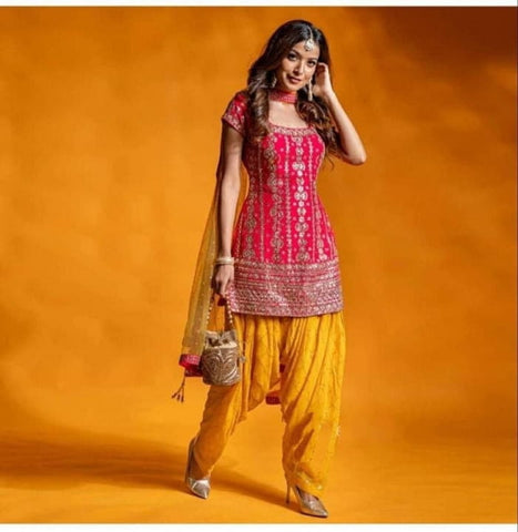 Remarkable Pink Color Vichitra Silk Designer Embroidered Work Wedding Wear Salwar Suit